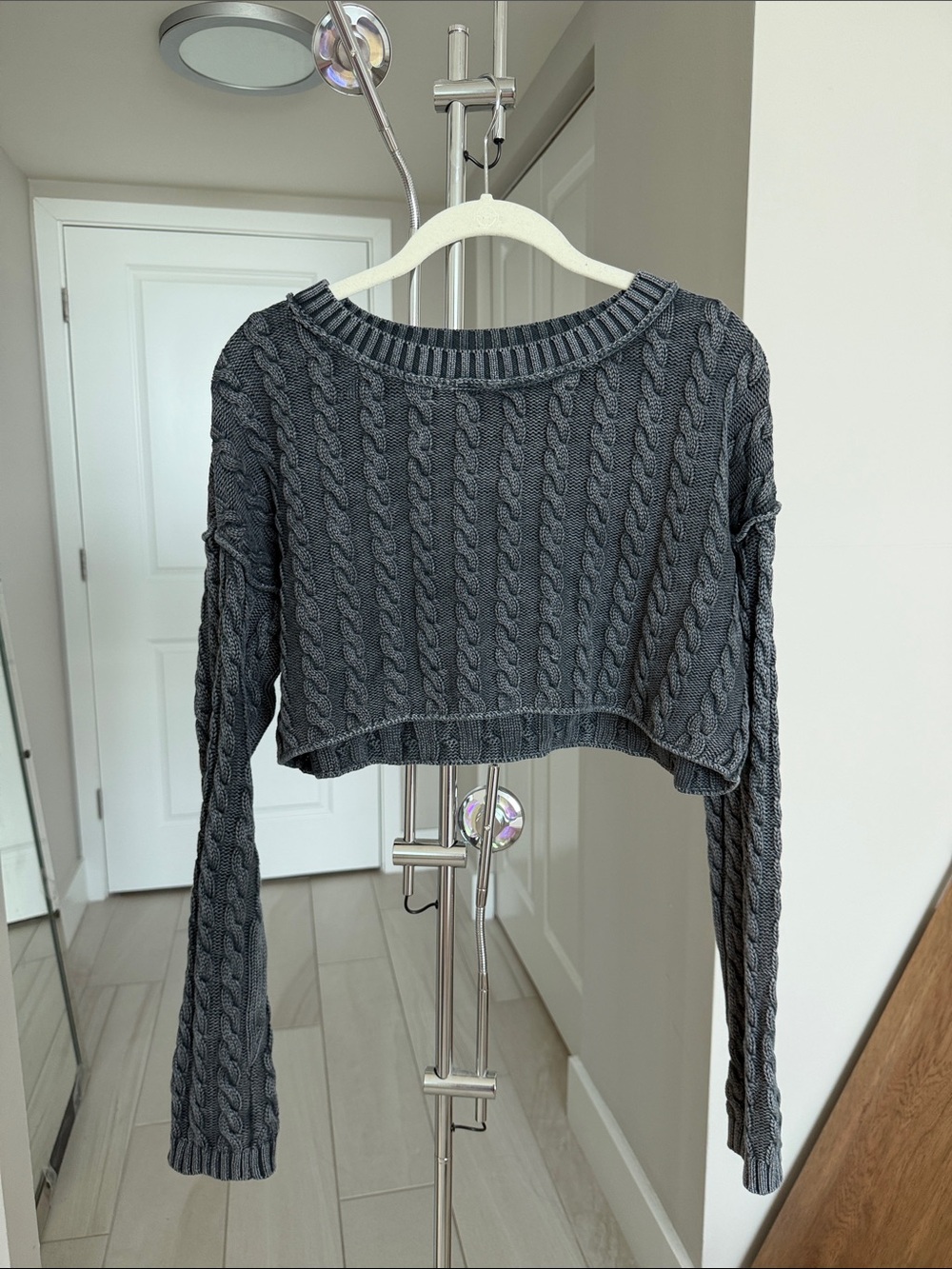 Free People Charcoal Gray Cropped Cable Knit Sweater